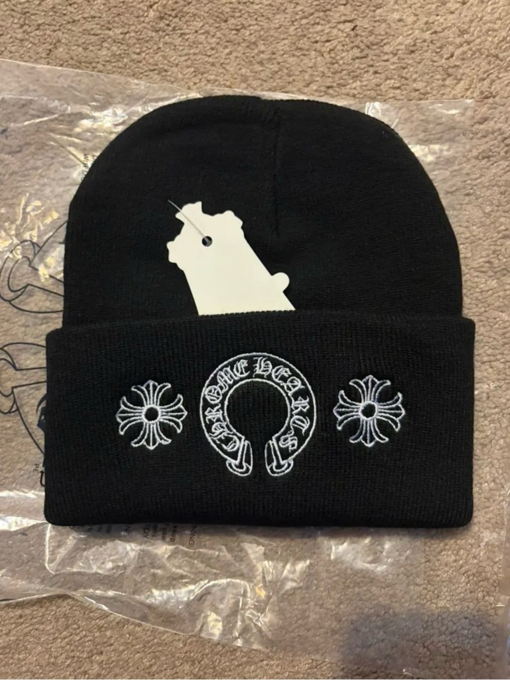 Chrome Hearts Black Beanie with White Embroidered Crest